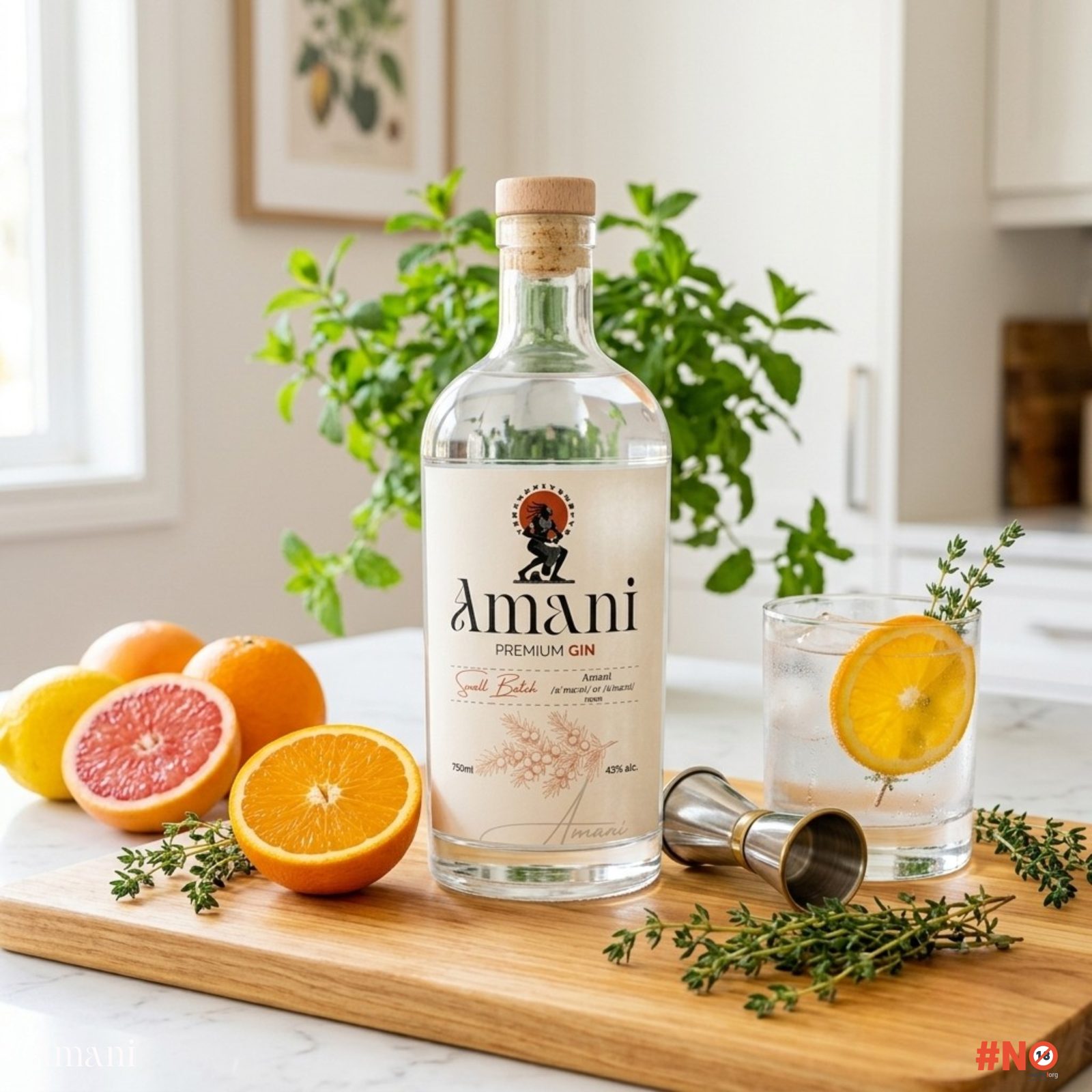Amani Gin bottle styled in a warm lifestyle setting